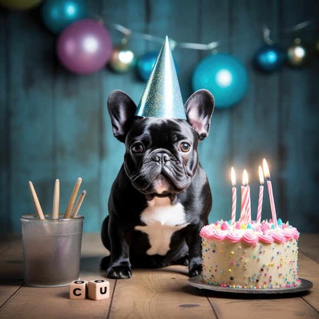 Hund mit einem Party-Hut bei einer Geburtstagsfeier französischer Bulldog