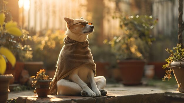 Hund mit einem warmen Schal und Sonnenbrille sitzt im Garten in einer Meditationsposition