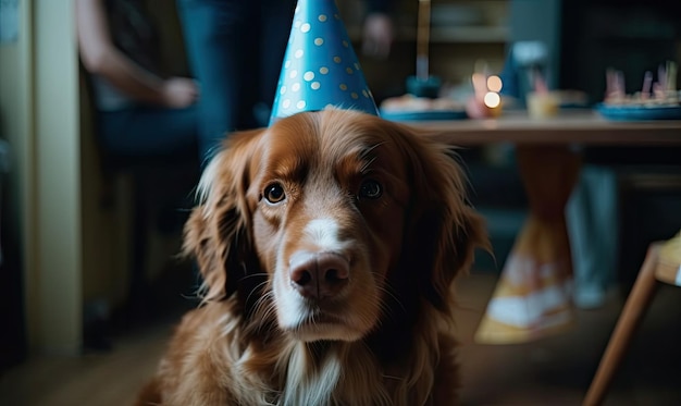 Hund mit festlicher Mütze auf einer Geburtstagsfeier mit generativer KI