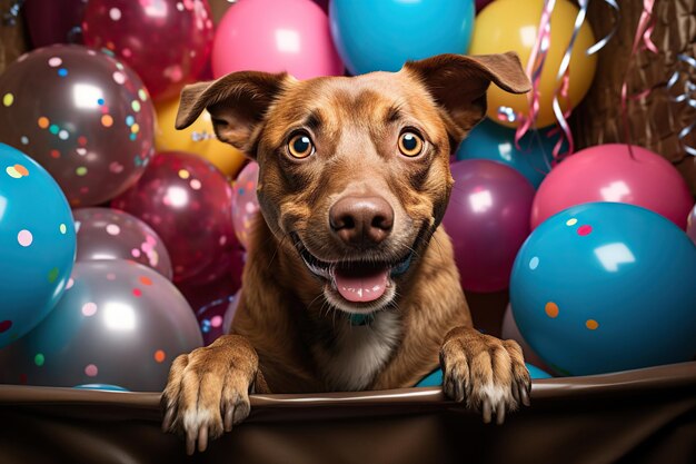 Foto hund mit geburtstagsbox und luftballons