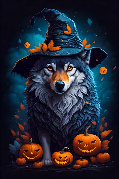 Hund mit Hexenhut orangefarbener Kürbis-Halloween-T-Shirt-Design