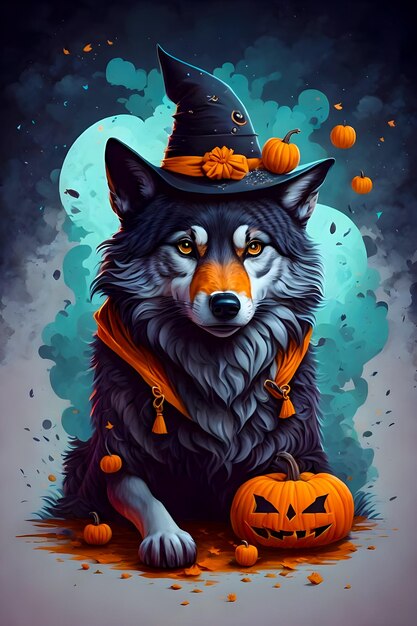 Hund mit Hexenhut orangefarbener Kürbis-Halloween-T-Shirt-Design