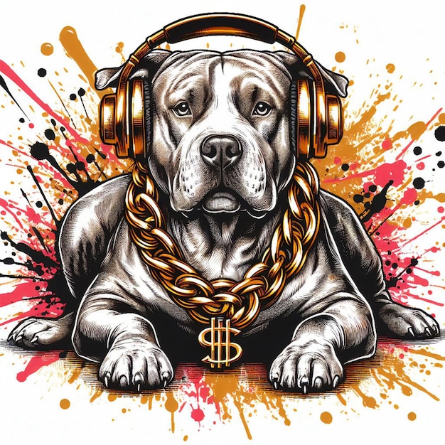 Hund mit Kopfhörern, gemalt im Selfie-Stil
