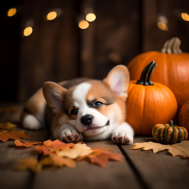 Hund mit Kürbis-Halloween-Dekorationen