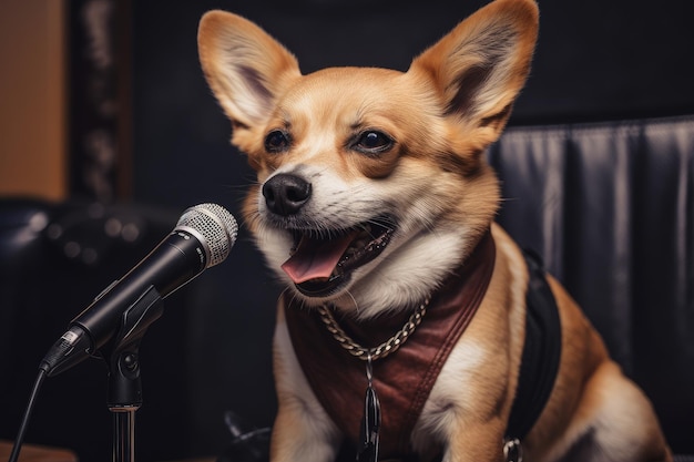Hund mit Mikrofon und Gitarre, bereit, auf der Bühne zu rocken, erstellt mit generativer KI