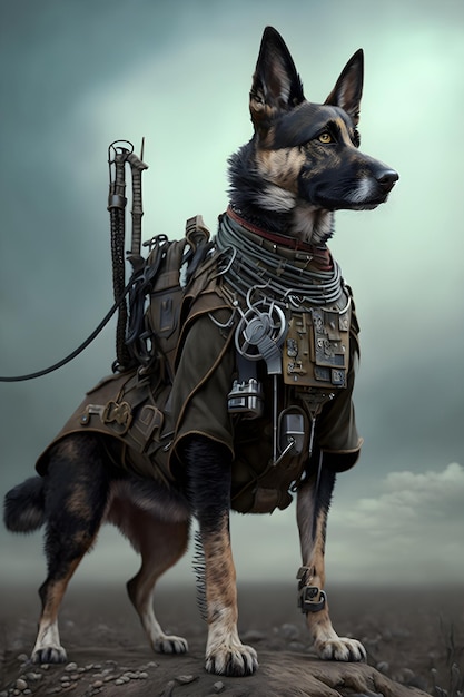 Hund mit Militärhelm