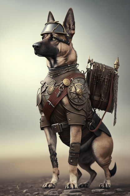 Hund mit Militärhelm