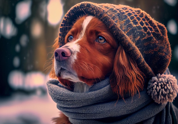 Hund mit Mütze und Schal im Winter im Freien