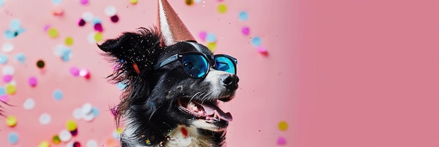 Hund mit Partyhut und Sonnenbrille auf rosa Hintergrund mit Konfetti