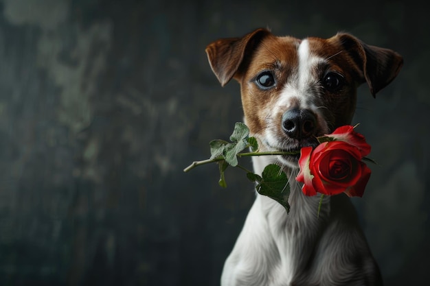 Hund mit roter Rose im Mund Studio-Haustierporträt mit dunklem künstlerischen Hintergrund