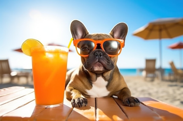 Hund mit Sonnenbrille am Strand