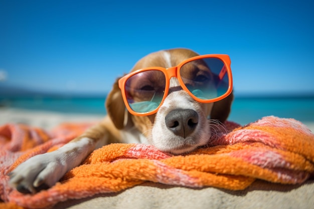 Hund mit Sonnenbrille am Strand.