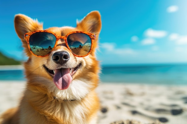 Hund mit Sonnenbrille schlüpft im Urlaub in die Rolle eines Menschen