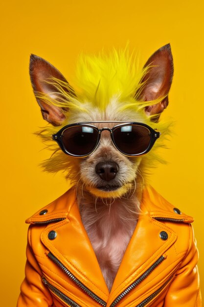 Hund mit Sonnenbrille und Lederjacke mit gelbem Mohawk auf dem Kopf Generative KI