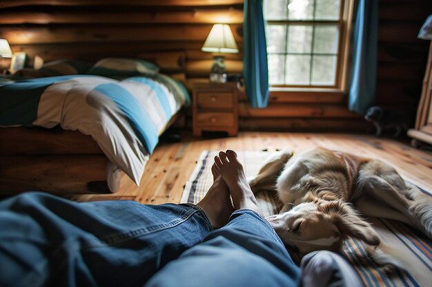 Foto hund nach den füßen einer schlafenden person