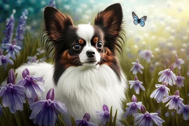 Hund Papillon in einem Blumenfeldfrühlingshaustier