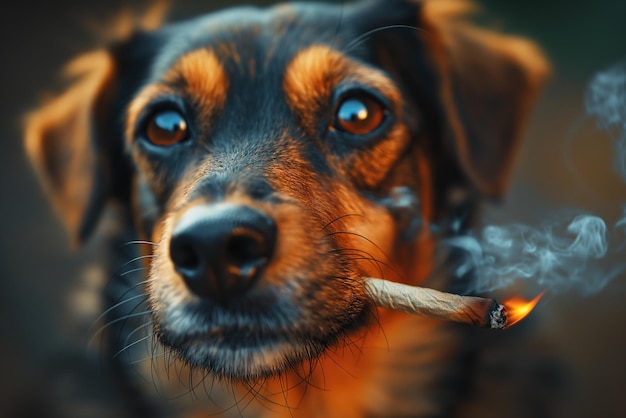 Hund raucht draußen eine Marihuana-Zigarette mit Cannabis