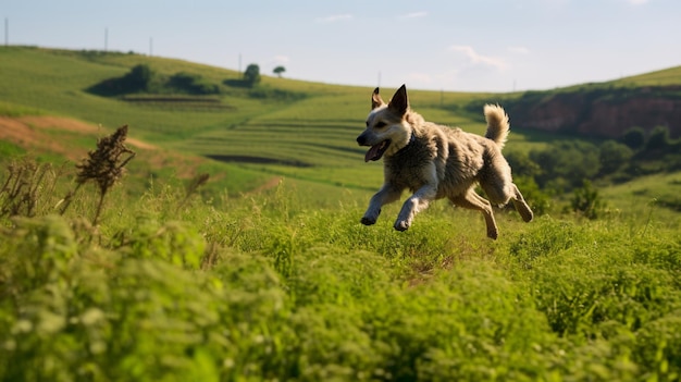 Hund rennt weg und jagt Ball, springt, spielt auf dem Bauernhof. Stockfotos KI-erzeugte Kunst