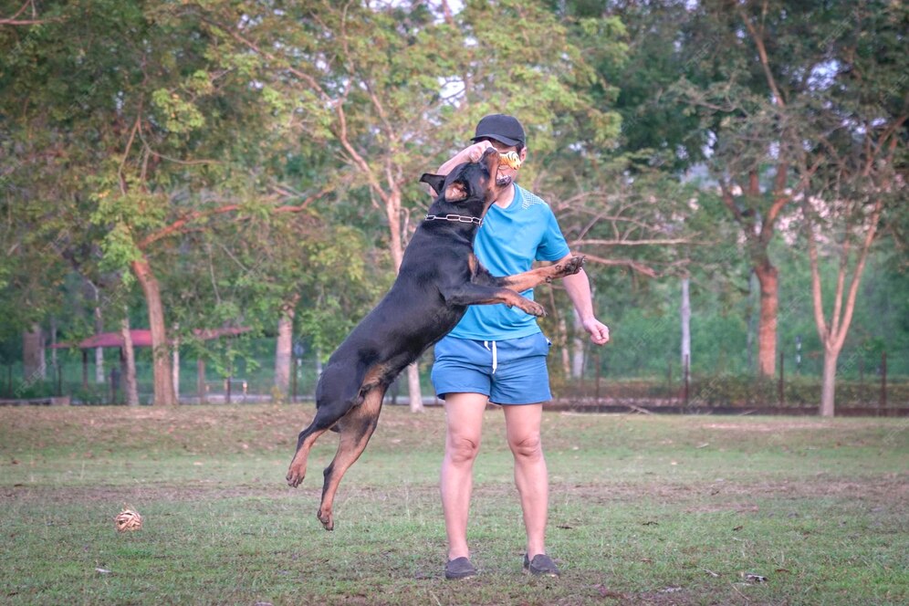 Hund rottweiler springt in die luft und geht seinem kauhund nach, der