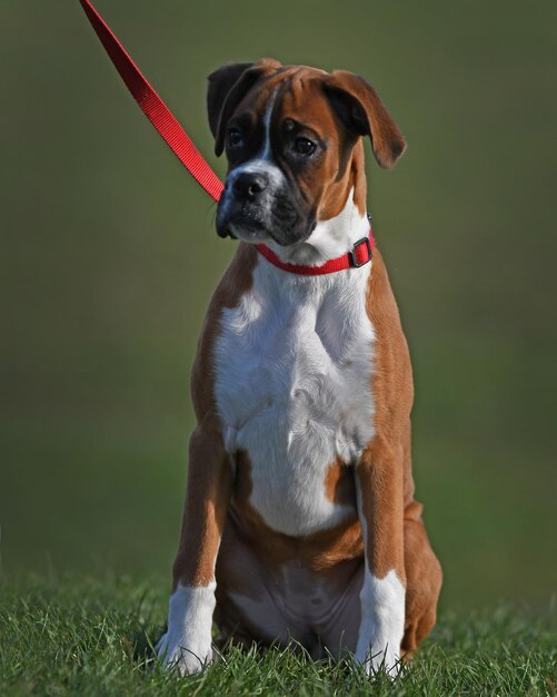 Hund schaut weg, während er an Land sitzt