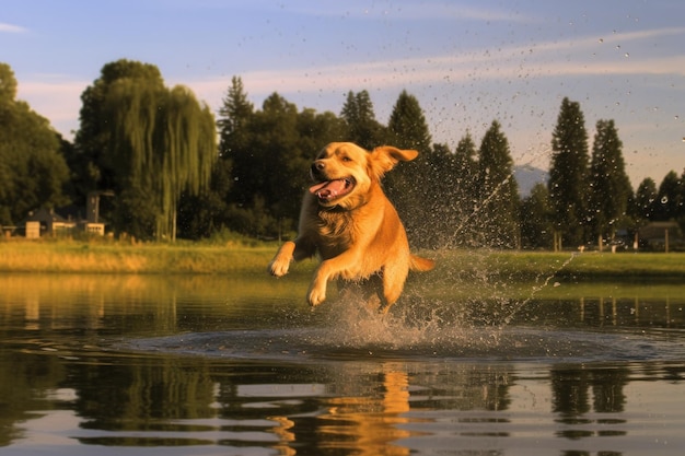Hund schüttelt Wasser in der Nähe eines Sees oder Teichs ab, der mit generativer KI erstellt wurde