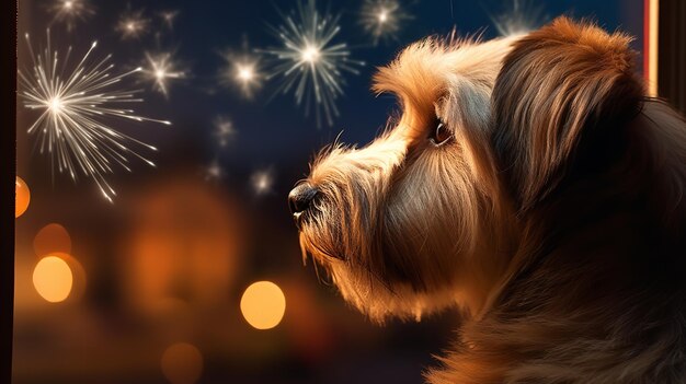 Foto hund sieht helles feuerwerk außerhalb des fensters generative ki