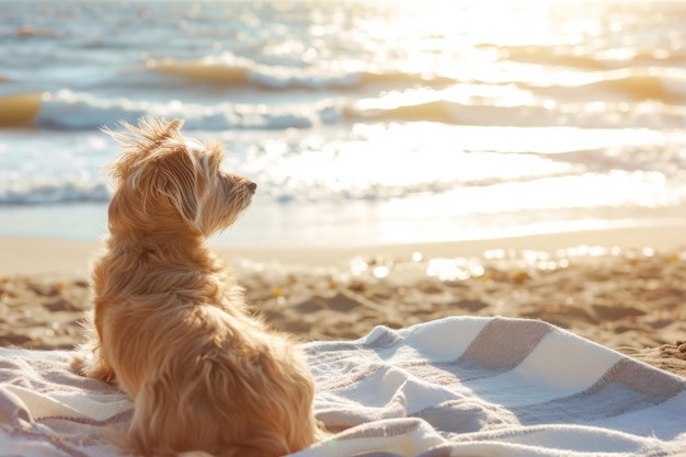 Hund sitzt auf dem Handtuch am Sandstrand und blickt auf das blaue Meer. Generative KI