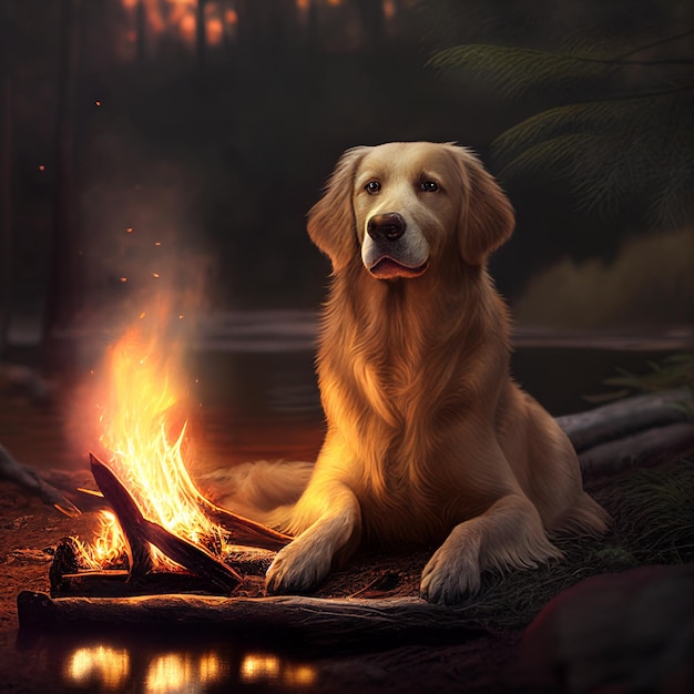 Hund sitzt auf einem Baumstamm vor Feuer erzeugender KI