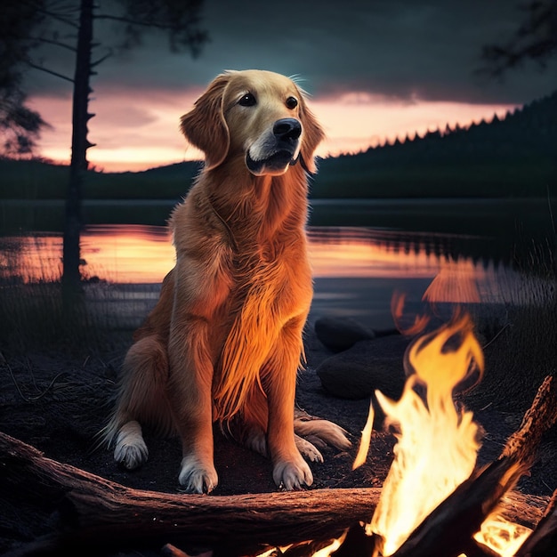 Hund sitzt auf einem Baumstamm vor Feuer erzeugender KI