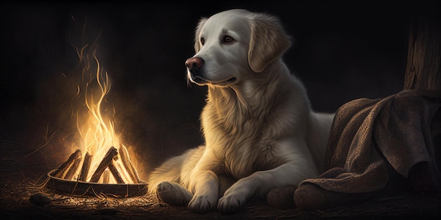 Hund sitzt auf einer Decke vor der Feuerstelle mit generativer KI