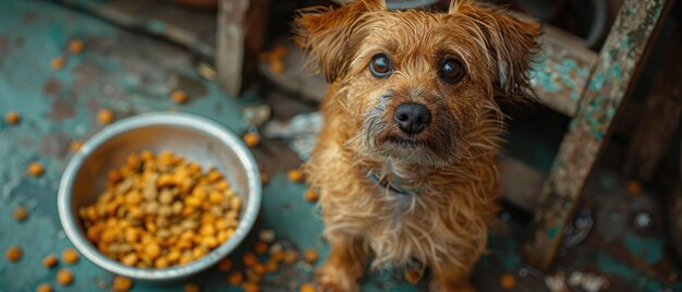 Hund sitzt hinter einer Schüssel mit Essen