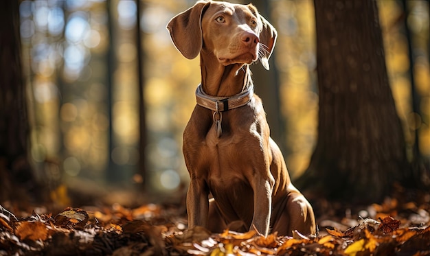 Hund sitzt in Blättern in einem Waldgebiet