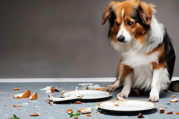 Foto hund sitzt in der nähe von zerbrochenen tellerstücken