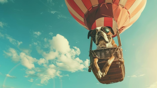 Hund sitzt in einem Heißluftballon