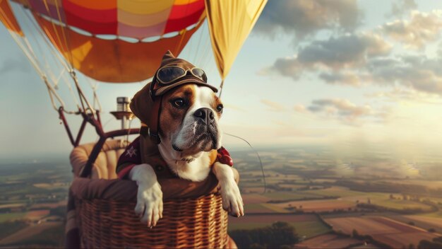 Foto hund sitzt in einem korb auf einem heißluftballon