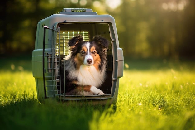 Hund sitzt in Transportbox auf Gras