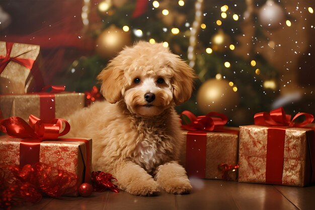 Foto hund sitzt vor einem weihnachtsbaum