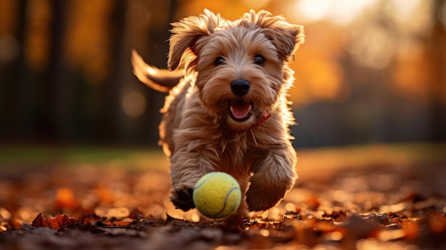 Hund spielt mit Ball im Herbstpark