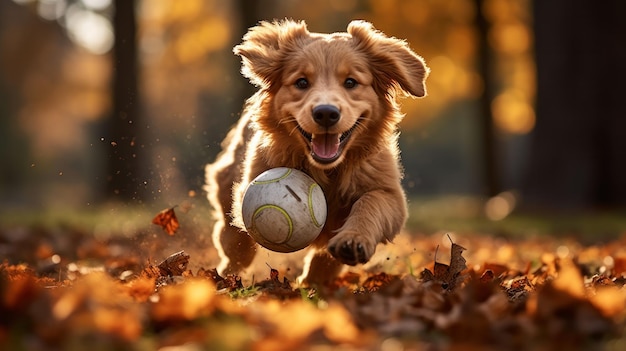 Hund spielt mit Ball im Herbstpark
