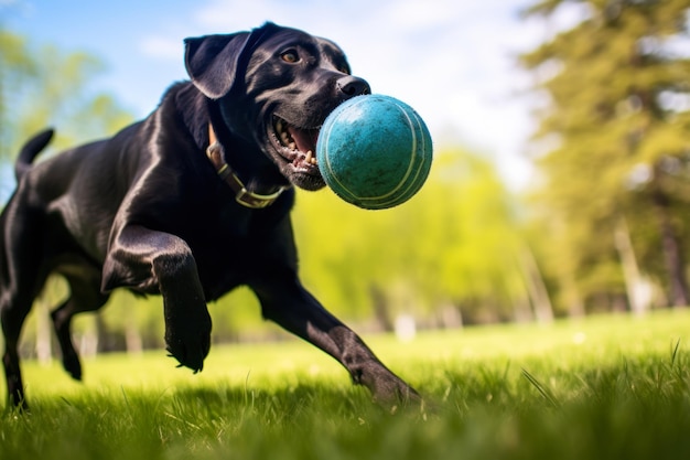 Foto hund spielt mit einem ball auf dem rasen generativ ai