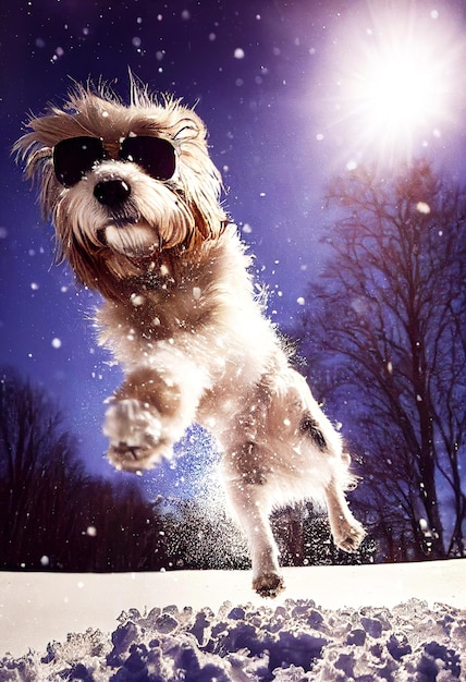 Hund springt im Winter auf schneebedecktes Feld