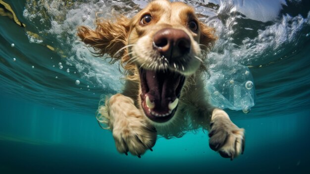 Hund springt in ein Wasser Unterwasserfotografie Tiertauchen in die Tiefen Schönheit der Natur