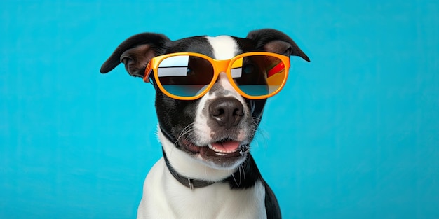 Hund trägt coole Brille auf farbigem Hintergrund