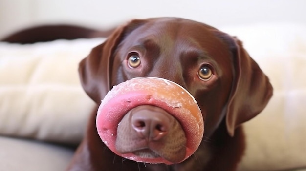 Hund trägt einen Donut auf dem Kopf. Generative KI