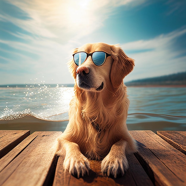 Hund trägt Sonnenbrille und sitzt auf einem Holzdeck mit generativer KI