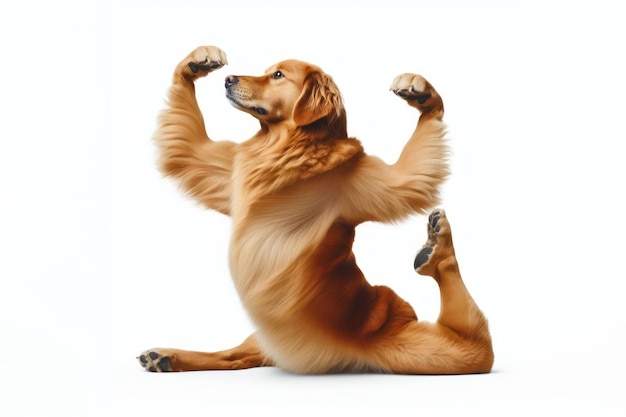 Hund trainiert, seine Pfoten in der Luft zu beugen, wie eine Yoga-Pose, die auf weißem Hintergrund isoliert ist