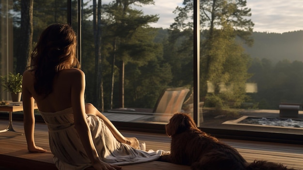 Hund und Besitzer schauen aus dem Fenster eines Hauses in den Bergen