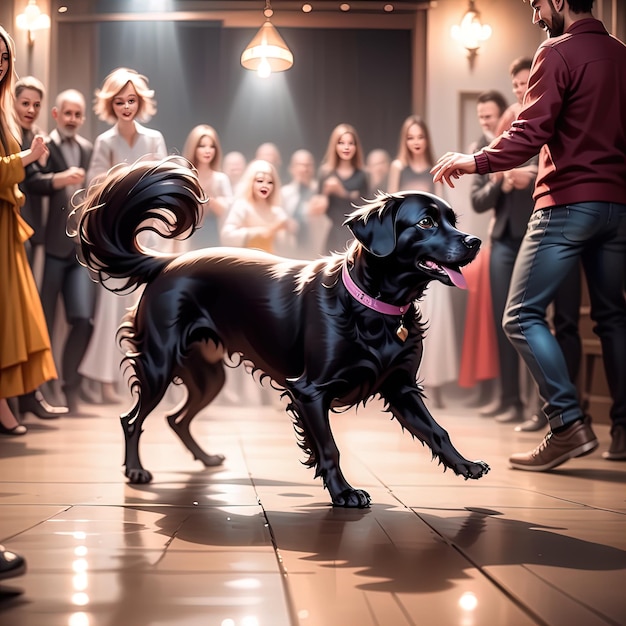 Hund und Frau auf einer Party mit vielen Hunden. Junge Hündin mit einem goldenen Border Collie in einem dunklen Ro