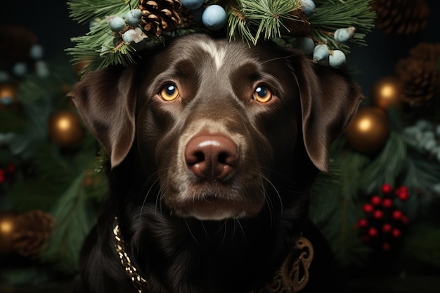 Hund und Katze eines Kätzchens in einer Weihnachtsmütze, Nahaufnahme Generative KI