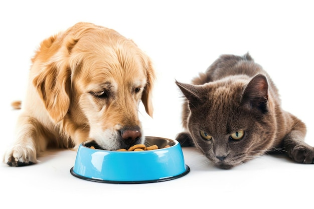 Hund und Katze essen Essen aus einer Schüssel Isolierter weißer Hintergrund